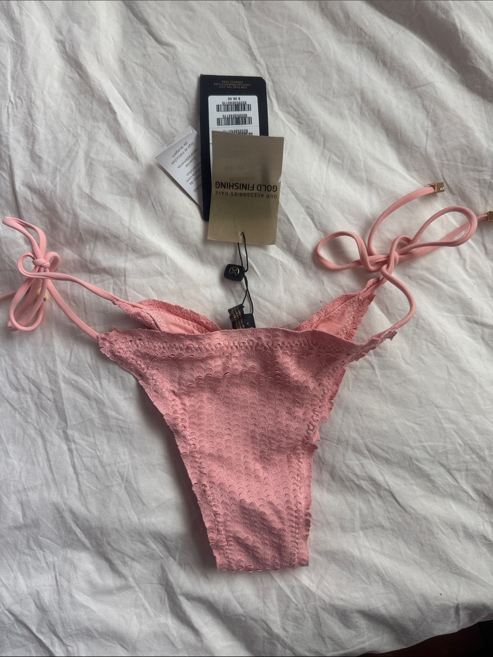 Gold Finishing Blush Pink Lace Tie-Side Bikini Bottom